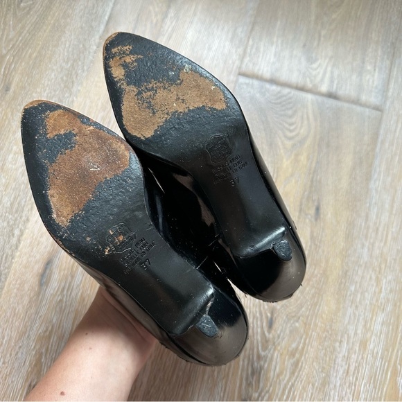 Vintage Faire Lady Black Patent Leather Pumps Aztec Cross Stitch Shoes Size 37 - Picture 12 of 16